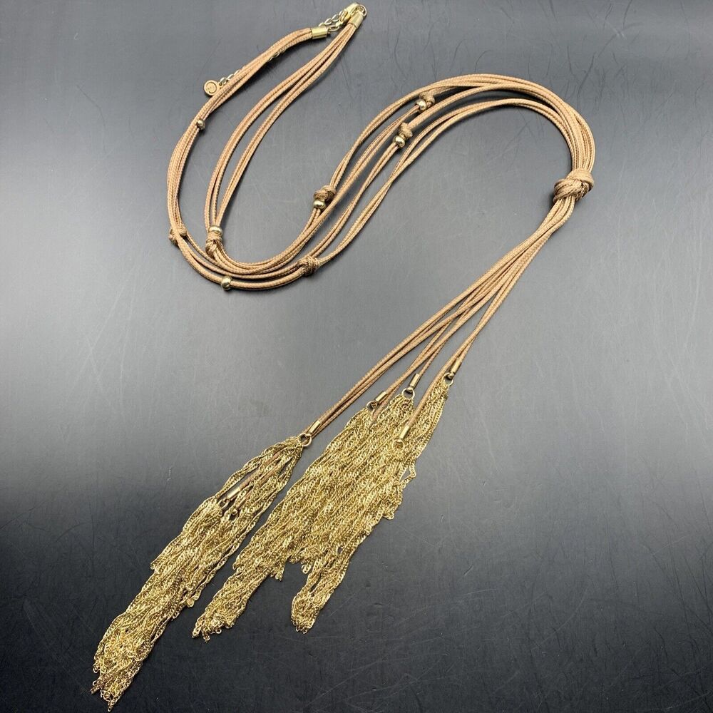 C1946 Boho Tassel Statement Necklace Gold Tone Brown Cord Knotted